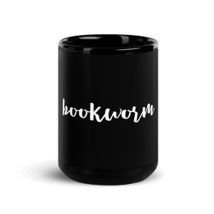 'bookworm' Black Glossy Mug, 11 oz